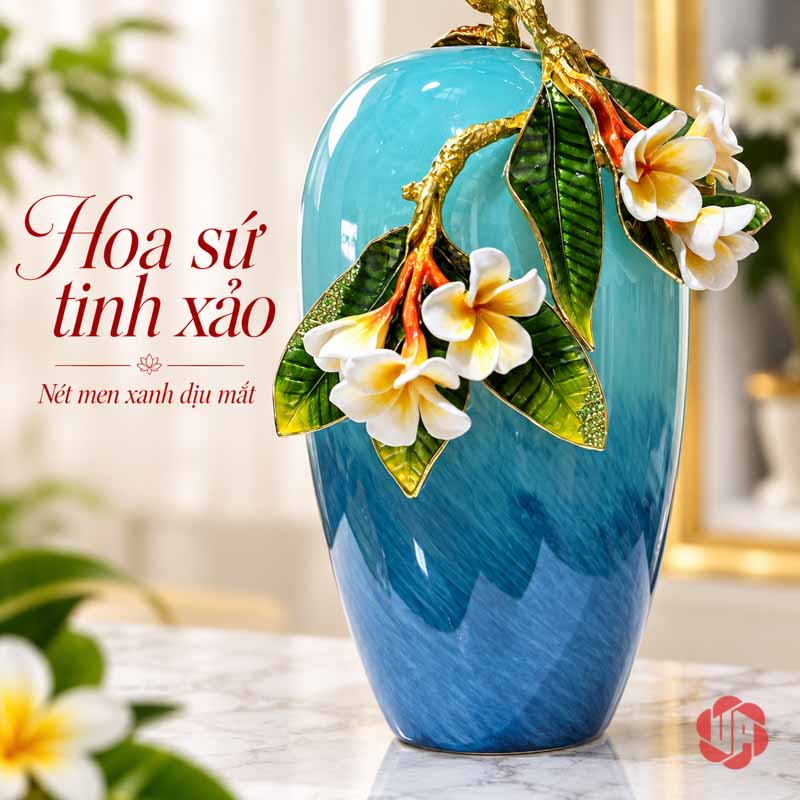Bình Hoa Trang Trí Thủy Tinh Tráng Men Xanh Ngọc Hoa Bướm UPT17 Cận cảnh bình hoa UPT17 dáng cao họa tiết hoa trắng và lá xanh nổi