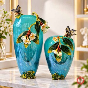 Cặp bình hoa trang trí thủy tinh tráng men xanh ngọc UPT17 hoa bướm nổi