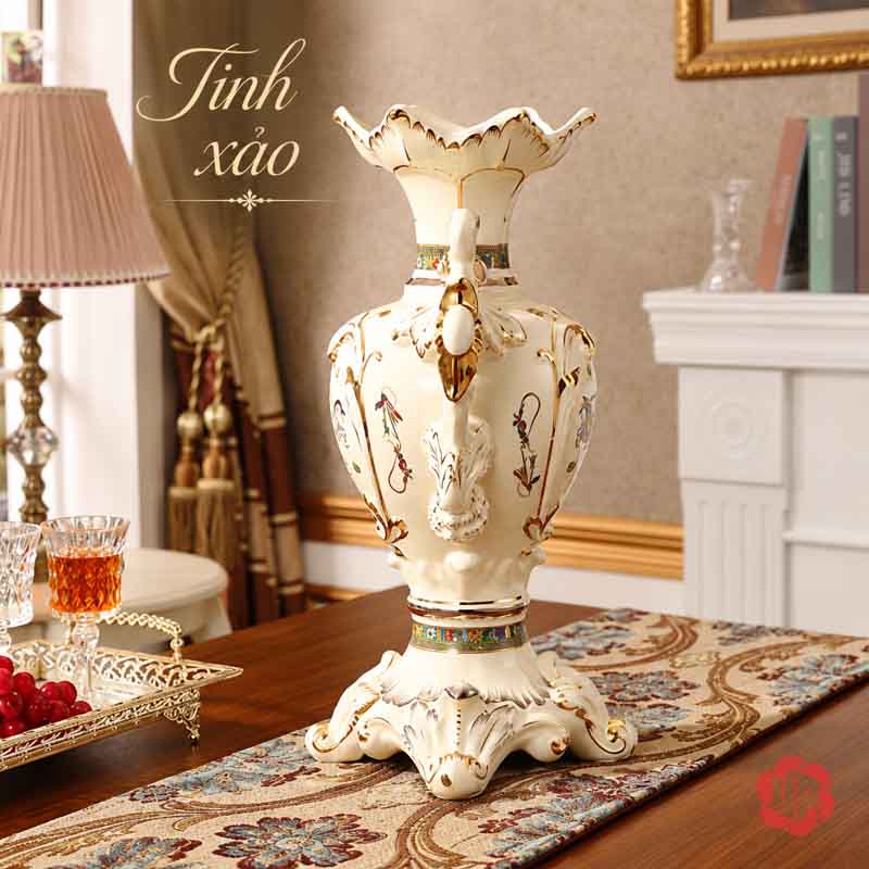 Bình Hoa Tân Cổ Điển Hai Quai Họa Tiết Ngựa UP071 Góc nhìn phía sau bình hoa tân cổ điển hai quai với họa tiết trang trí ánh vàng