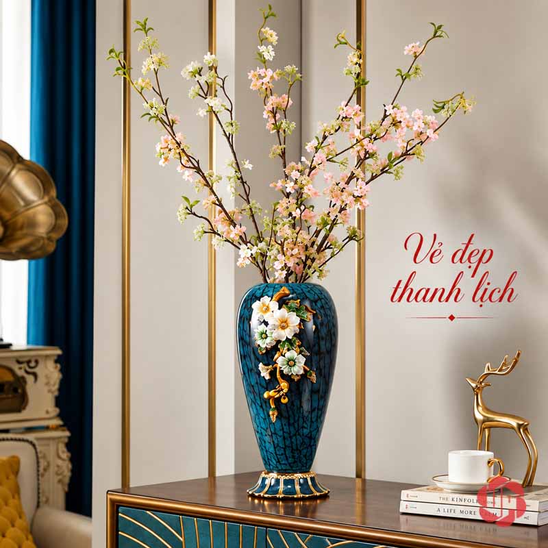 Bình Hoa Thủy Tinh Cao Cấp Xanh Ngọc Hoa Đắp Nổi UP003 Bình hoa xanh ngọc trang trí phòng khách với cành đào và chữ nghệ thuật