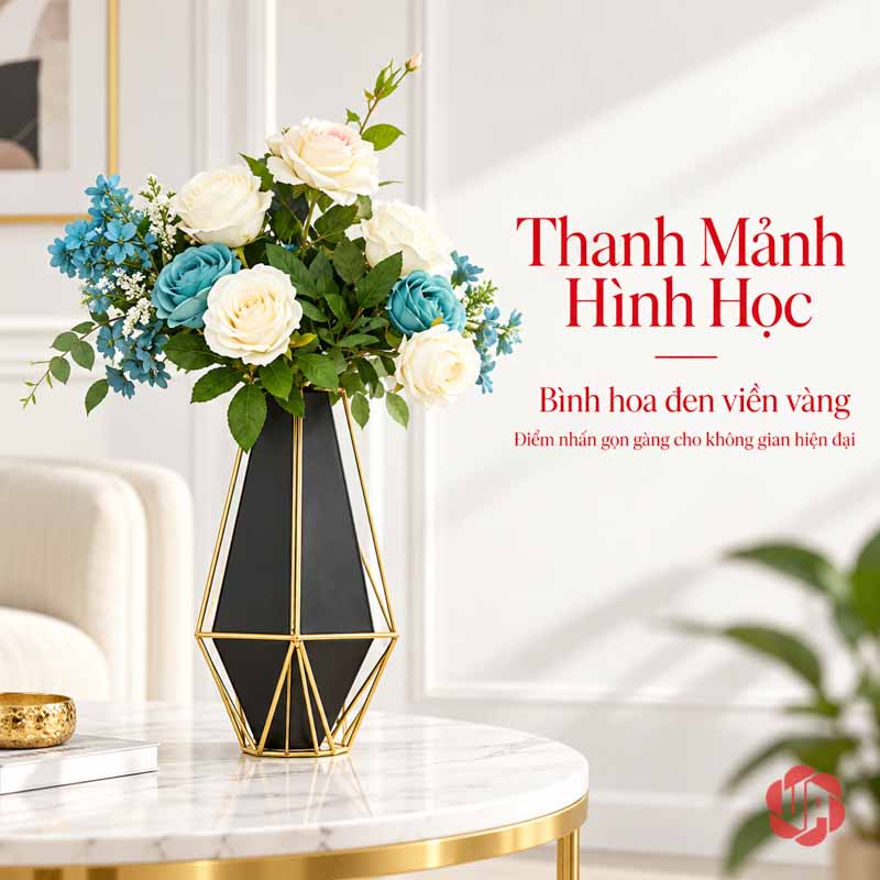Bình Hoa Trang Trí Phòng Khách Kim Loại Đen Vàng Hình Học UP007 Bình hoa kim loại đen viền vàng cắm hoa trên bàn đá trong phòng khách