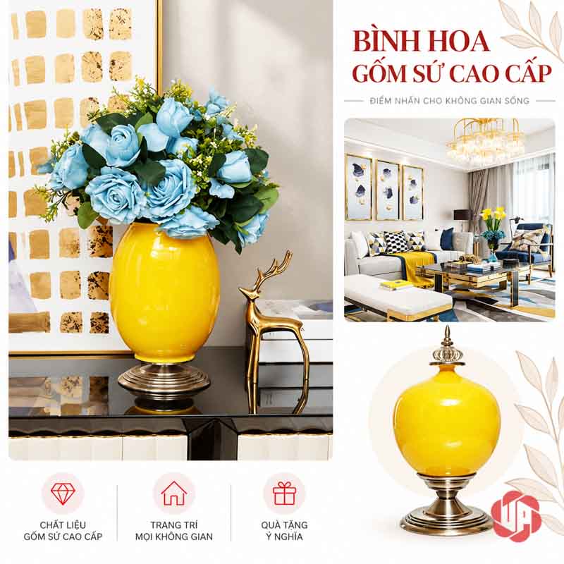 Bộ Lọ Hoa Tân Cổ Điển Màu Vàng Sang Trọng UP054B Bình hoa gốm sứ vàng cắm hoa xanh và trắng kết hợp đồ trang trí trên bàn