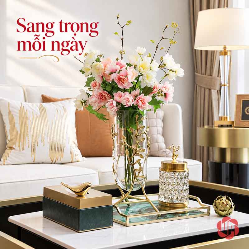 Lọ Hoa Thủy Tinh Mạ Vàng Họa Tiết Cành Lá UPT10 Lọ thủy tinh khung lá vàng cắm hoa tươi trên bàn trang trí