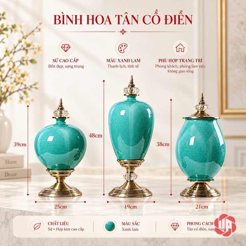 Bộ Lọ Hoa Tân Cổ Điển Xanh Ngọc Men Rạn Cao Cấp UP054A Bộ ba bình hoa tân cổ điển xanh ngọc với các dáng tròn và cao khác nhau