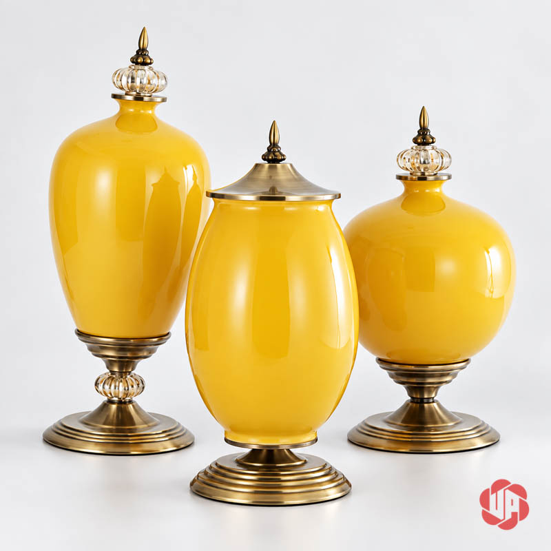 Bộ Lọ Hoa Tân Cổ Điển Màu Vàng Sang Trọng UP054B Bộ ba bình sứ vàng bóng dáng tròn và dáng cao với chân đế kim loại