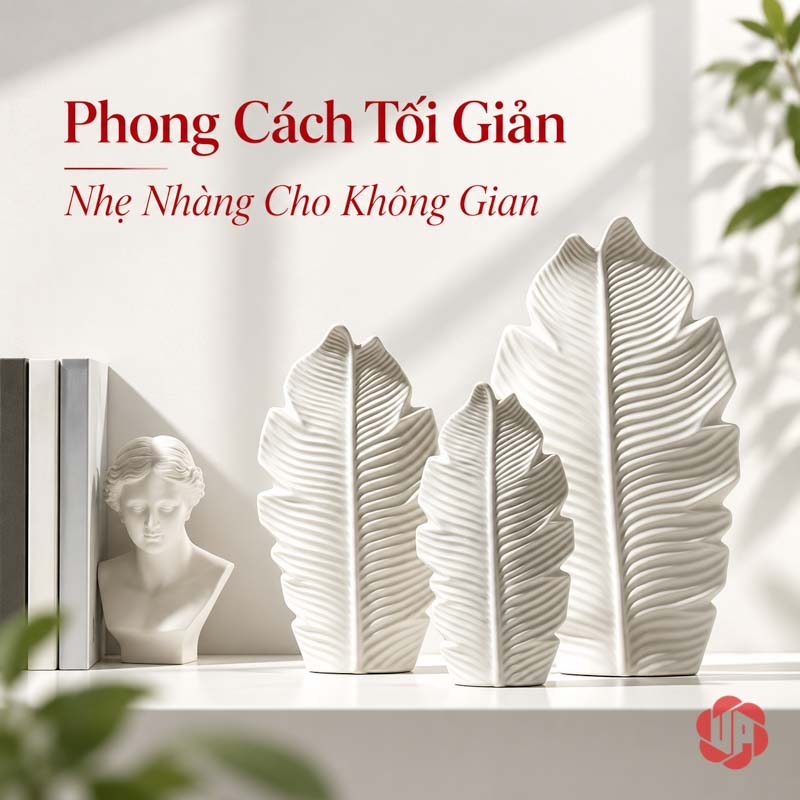 Bộ Lọ Hoa Lá Decor Gốm Sứ Trắng Phong Cách Bắc Âu UP080 Ba lọ gốm sứ trắng hình lá đặt cạnh nhau trong không gian tối giản