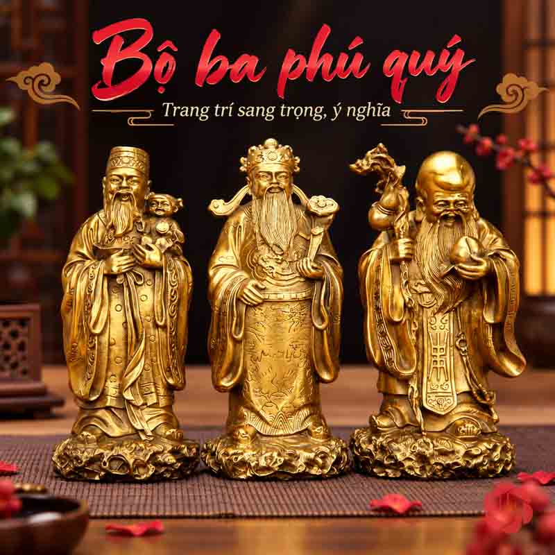 Bộ Tượng Phúc Lộc Thọ Tam Đa Bằng Đồng UPD008 Ba tượng Phúc Lộc Thọ chụp chính diện trên nền tối