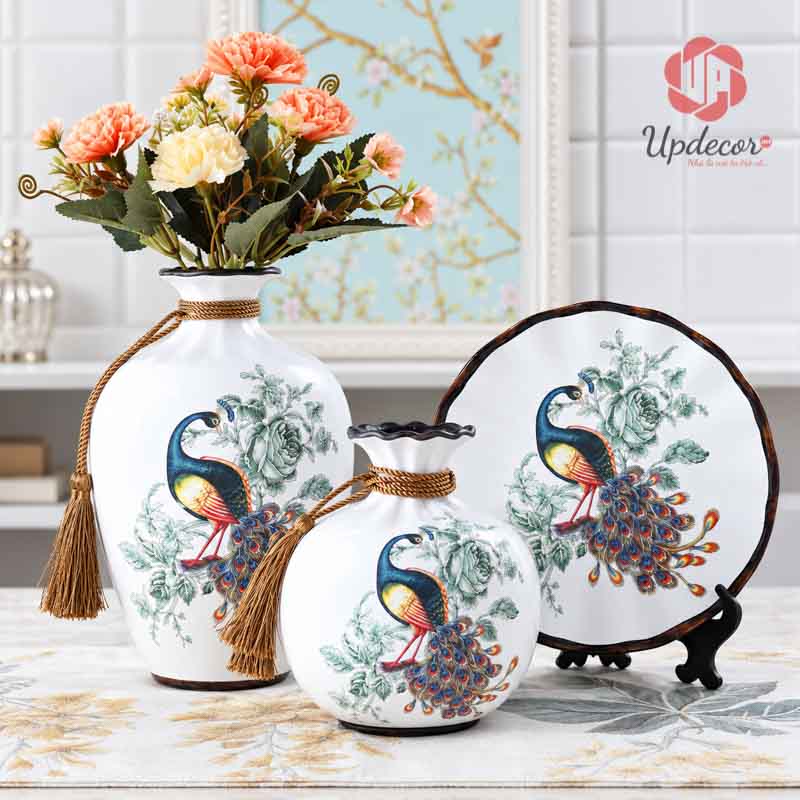 Bộ Bình Gốm Chim Công Trang Trí Phòng Khách 3 Món Mã BG002 Bộ bình gốm chim công 3 món trang trí phòng khách