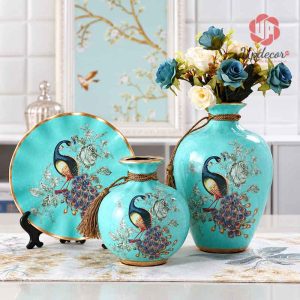 Bộ bình gốm chim công màu xanh ngọc trang trí