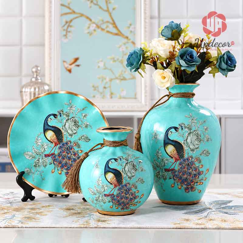 Bộ Bình Gốm Chim Công Trang Trí Phòng Khách 3 Món Mã BG002 Bộ bình gốm chim công màu xanh ngọc trang trí