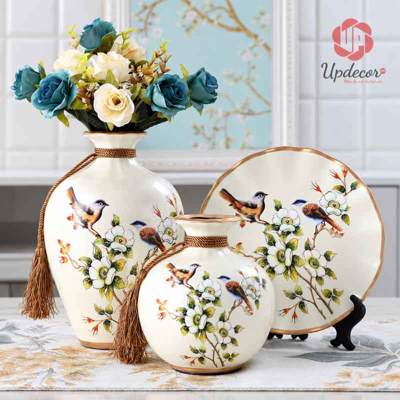 Bộ Bình Gốm Chim Công Trang Trí Phòng Khách 3 Món Mã BG002 Bộ bình gốm họa tiết chim hoa trang trí phòng khách