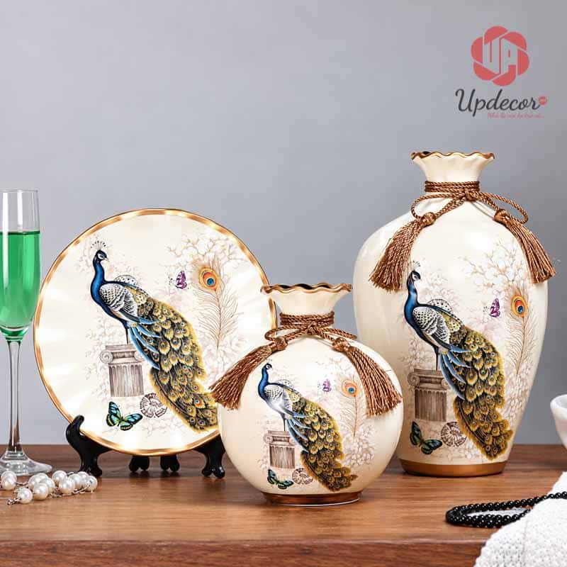 Bộ Bình Gốm Chim Công Trang Trí Phòng Khách 3 Món Mã BG002 Bộ bình chim công trang trí kệ tivi phòng khách