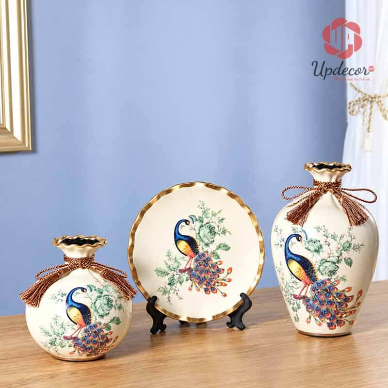 Bộ Bình Gốm Chim Công Trang Trí Phòng Khách 3 Món Mã BG002 Bộ bình gốm chim công decor tủ phòng khách