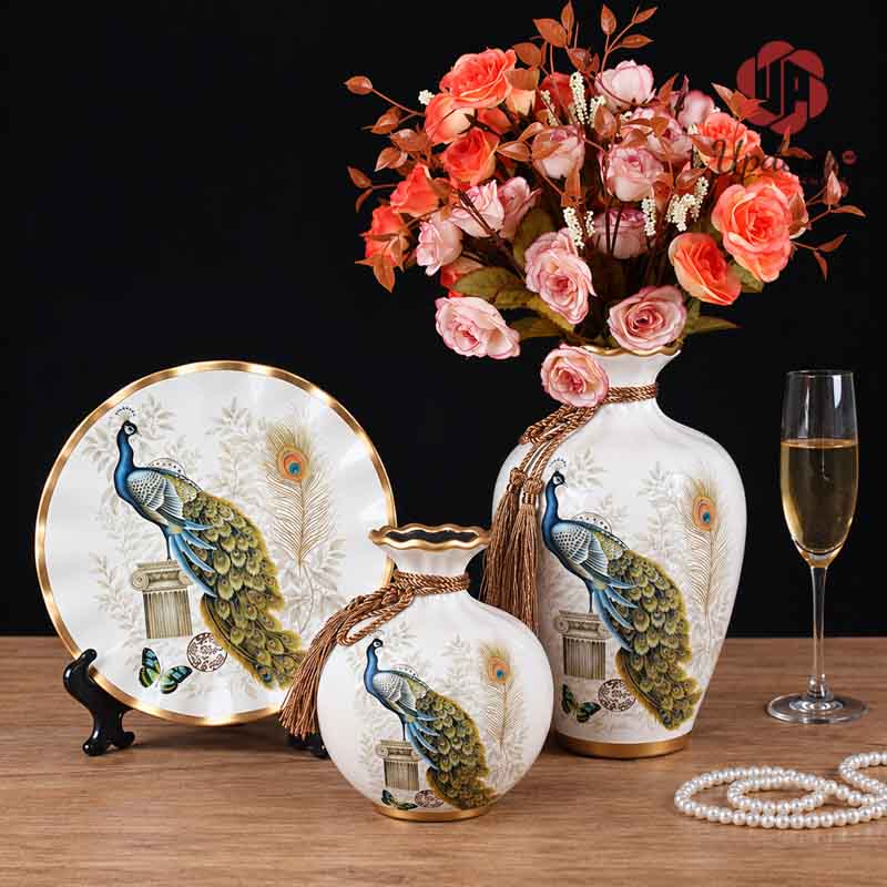 Bộ Bình Gốm Chim Công Trang Trí Phòng Khách 3 Món Mã BG002 Bộ bình gốm chim công sang trọng trang trí nội thất