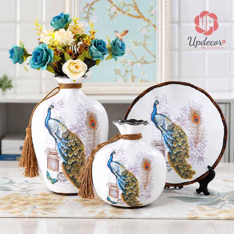 Bộ Bình Gốm Chim Công Trang Trí Phòng Khách 3 Món Mã BG002 Bộ bình gốm chim công làm quà tân gia