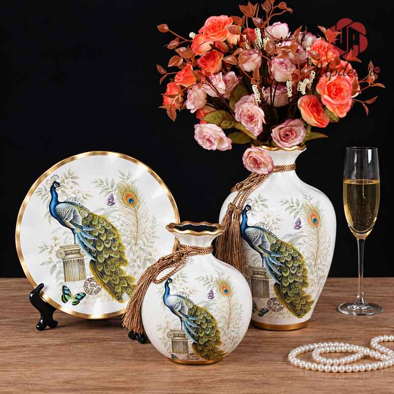 Bộ Bình Gốm Chim Công Trang Trí Phòng Khách 3 Món Mã BG002 Bộ bình chim công cắm hoa trang trí nội thất