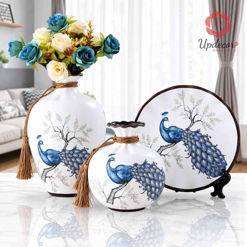 Bộ Bình Gốm Chim Công Trang Trí Phòng Khách 3 Món Mã BG002 Bộ bình gốm chim công trang trí phòng khách BG002