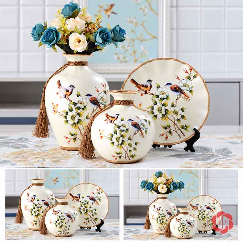 Bộ Bình Gốm Sứ Chim Và Hoa Trang Trí Phòng Khách 3 Món bo-binh-gom-su-cam-hoa-xanh-trang-tri