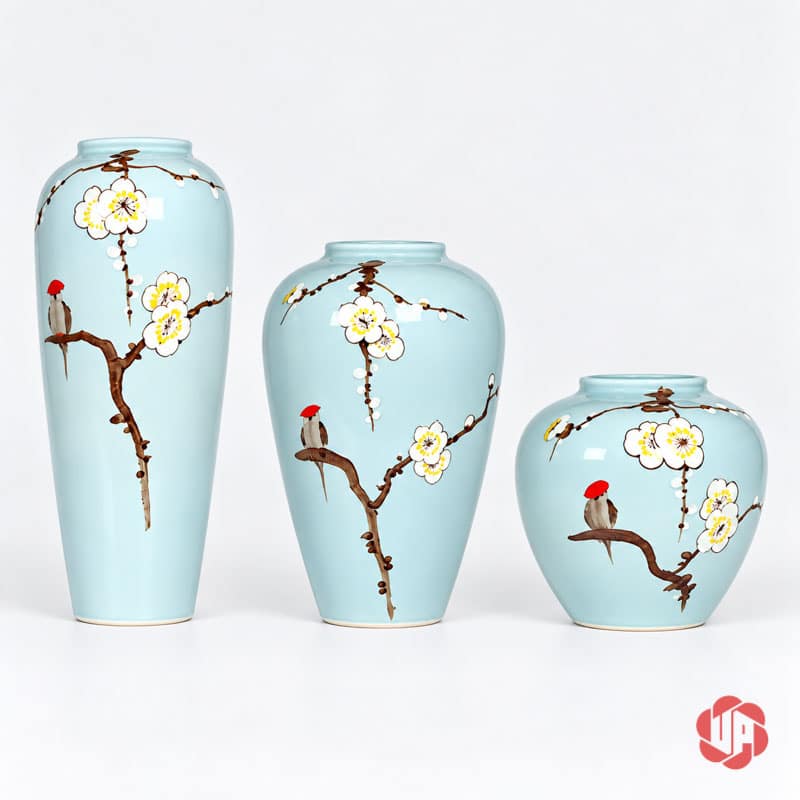 Bộ Bình Gốm Sứ Hoa Mai Trắng 3 Món Trang Trí Phòng Khách BG023 Bộ ba bình gốm sứ hoa mai trắng men xanh ngọc với ba kiểu dáng cao thấp khác nhau.