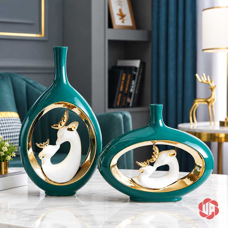 Cặp Bình Hoa Gốm Sứ Gia Đình Hươu Xanh Ngọc Cao Cấp UP068 Bộ hai bình hoa gốm sứ gia đình hươu trang trí bàn đá nội thất hiện đại