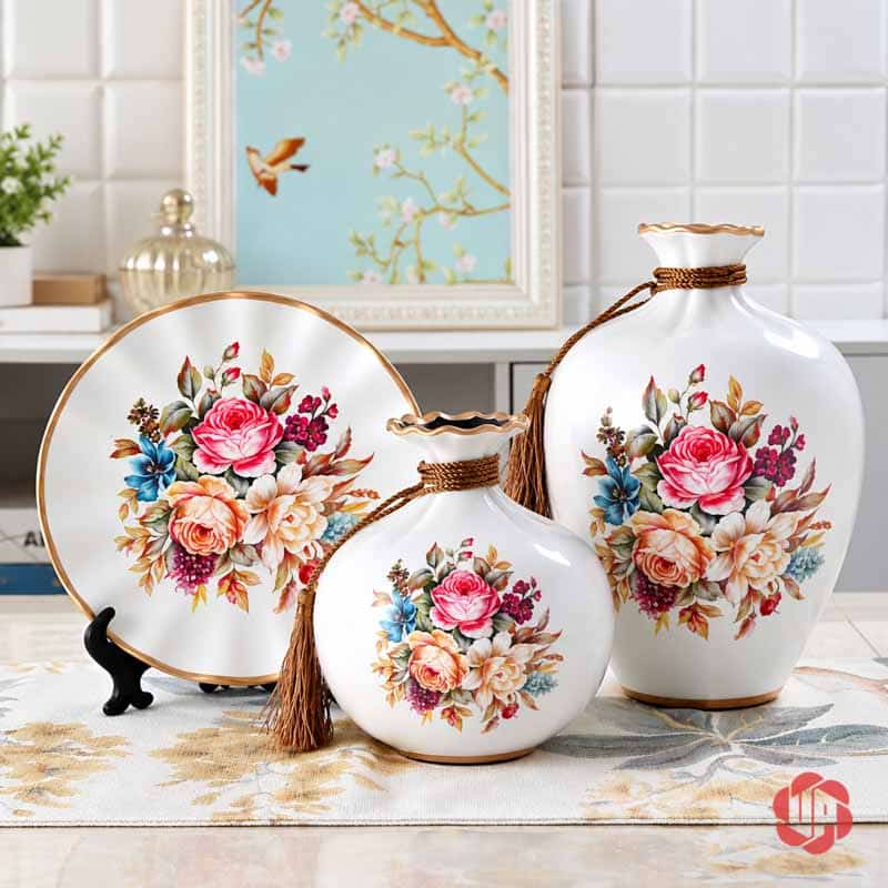 Bộ Bình Gốm Sứ Trang Trí Phòng Khách 3 Món Nhiều Màu BG011-18 Bộ bình gốm sứ trắng ba món họa tiết bó hoa hồng, hoa cam và hoa xanh trang trí phòng khách.