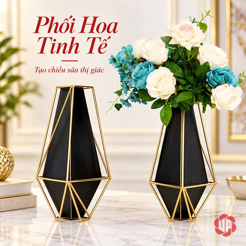 Bình Hoa Trang Trí Phòng Khách Kim Loại Đen Vàng Hình Học UP007 Cặp bình hoa màu đen viền vàng với bình cao cắm hoa xanh và trắng
