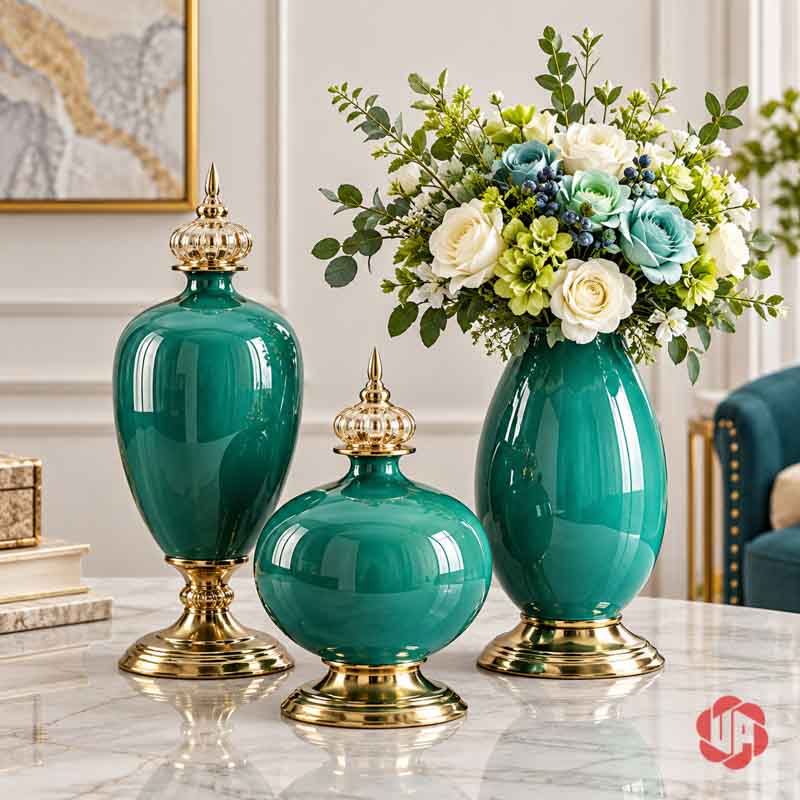 Bộ Bình Hoa Tân Cổ Điển Xanh Ngọc Chân Đế Ánh Kim UP054 Bộ bình hoa tân cổ điển xanh ngọc UP054 – ba binh su tren ban da