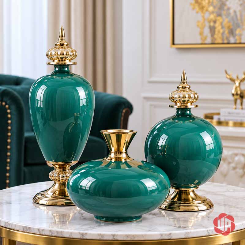 Bộ Bình Hoa Tân Cổ Điển Xanh Ngọc Chân Đế Ánh Kim UP054 Bộ bình hoa tân cổ điển xanh ngọc UP054 – bo ba binh tren ban da