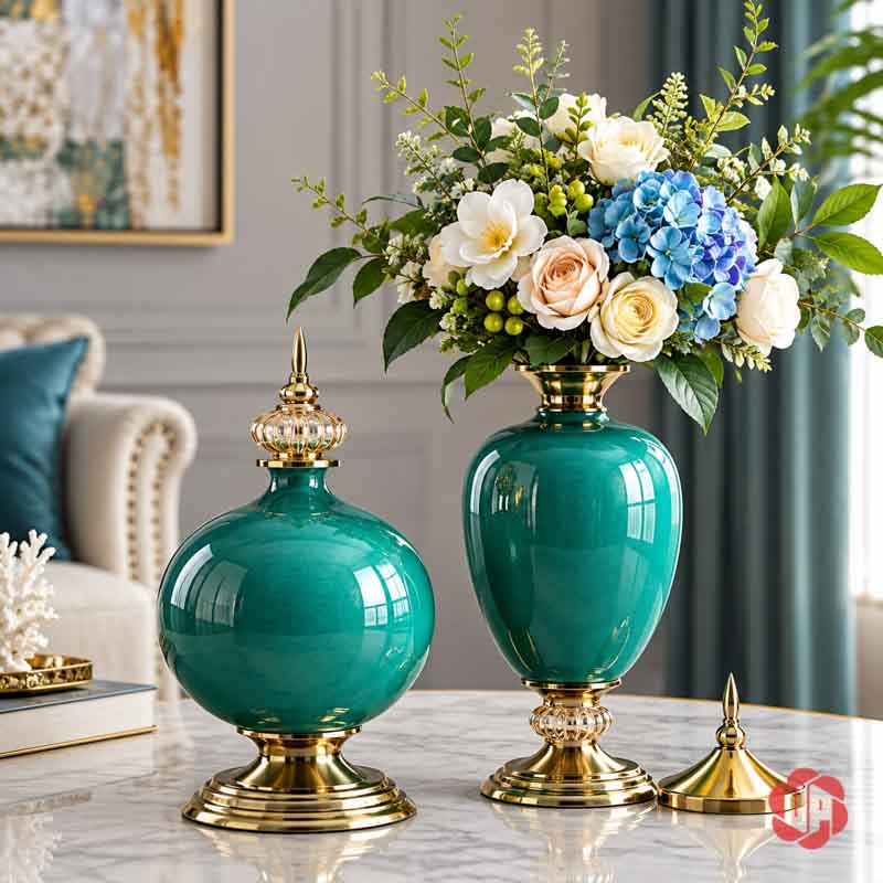 Bộ Bình Hoa Tân Cổ Điển Xanh Ngọc Chân Đế Ánh Kim UP054 Bộ bình hoa tân cổ điển xanh ngọc UP054 – bo binh cam hoa trang kem