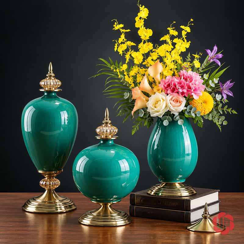 Bộ Bình Hoa Tân Cổ Điển Xanh Ngọc Chân Đế Ánh Kim UP054 Bộ bình hoa tân cổ điển xanh ngọc UP054 – bo binh cam hoa vang hong