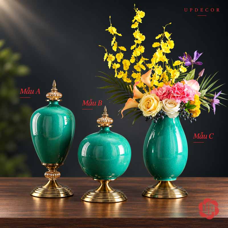 Bộ Bình Hoa Tân Cổ Điển Xanh Ngọc Chân Đế Ánh Kim UP054 Bộ bình hoa tân cổ điển xanh ngọc UP054 – bo binh cam hoa vang