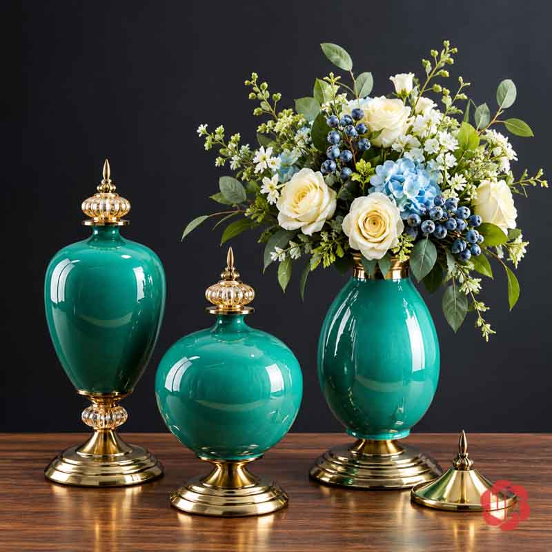 Bộ Bình Hoa Tân Cổ Điển Xanh Ngọc Chân Đế Ánh Kim UP054 Bộ bình hoa tân cổ điển xanh ngọc UP054 – bo binh cam hoa xanh trang