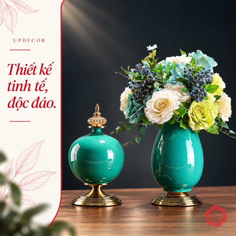 Bộ Bình Hoa Tân Cổ Điển Xanh Ngọc Chân Đế Ánh Kim UP054 Bộ bình hoa tân cổ điển xanh ngọc UP054 – bo binh decor hoa trang