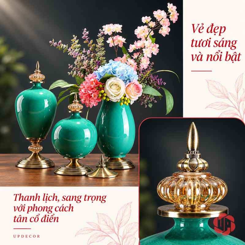 Bộ Bình Hoa Tân Cổ Điển Xanh Ngọc Chân Đế Ánh Kim UP054 Bộ bình hoa tân cổ điển xanh ngọc UP054 – bo binh phoi hoa tong quan