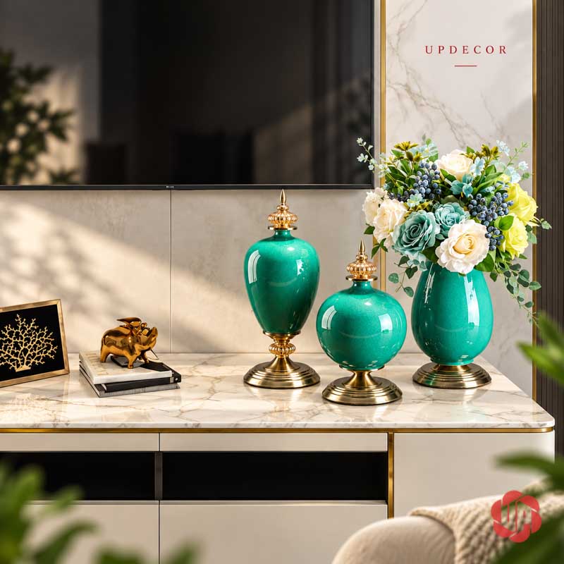 Bộ Bình Hoa Tân Cổ Điển Xanh Ngọc Chân Đế Ánh Kim UP054 Bộ bình hoa tân cổ điển xanh ngọc UP054 – bo binh tren ban da sang
