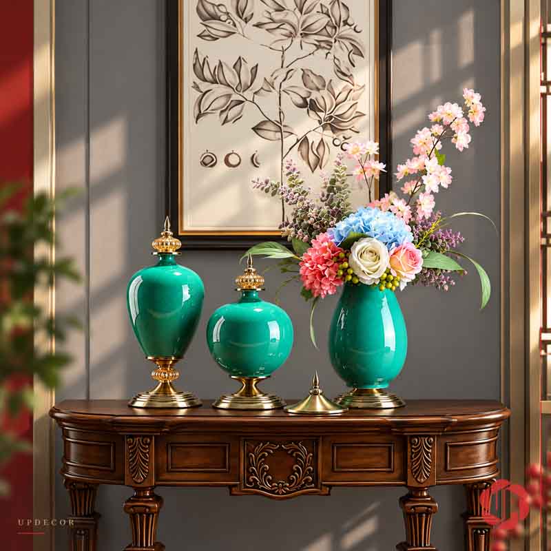 Bộ Bình Hoa Tân Cổ Điển Xanh Ngọc Chân Đế Ánh Kim UP054 Bộ bình hoa tân cổ điển xanh ngọc UP054 – bo binh tren ban go