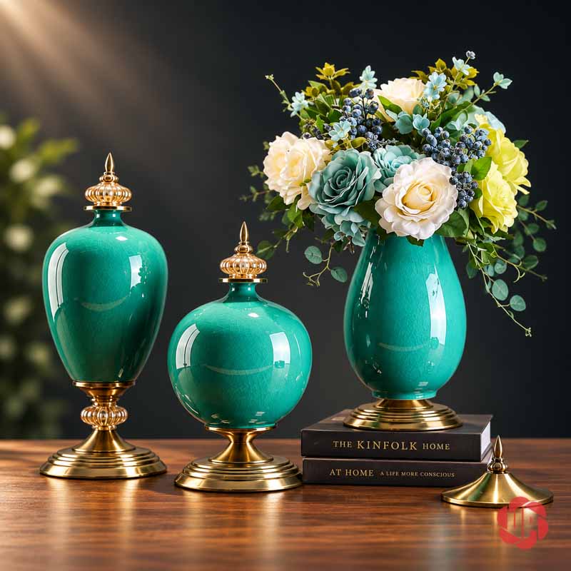 Bộ Bình Hoa Tân Cổ Điển Xanh Ngọc Chân Đế Ánh Kim UP054 Bộ bình hoa tân cổ điển xanh ngọc UP054 – bo binh va hoa trang