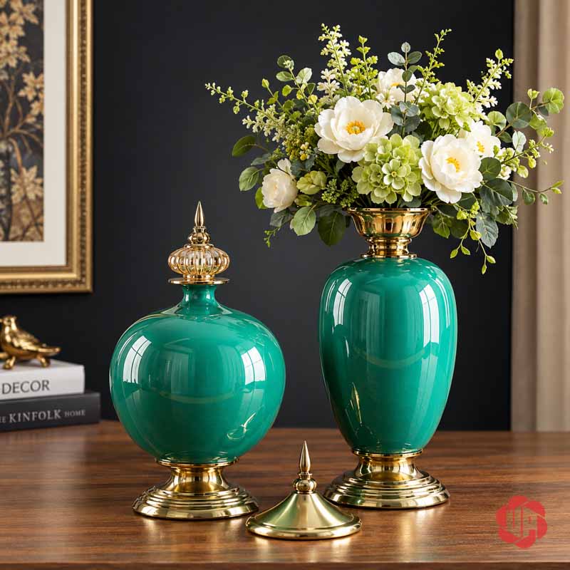 Bộ Bình Hoa Tân Cổ Điển Xanh Ngọc Chân Đế Ánh Kim UP054 Bộ bình hoa tân cổ điển xanh ngọc UP054 – bo binh xanh ngoc tren ban