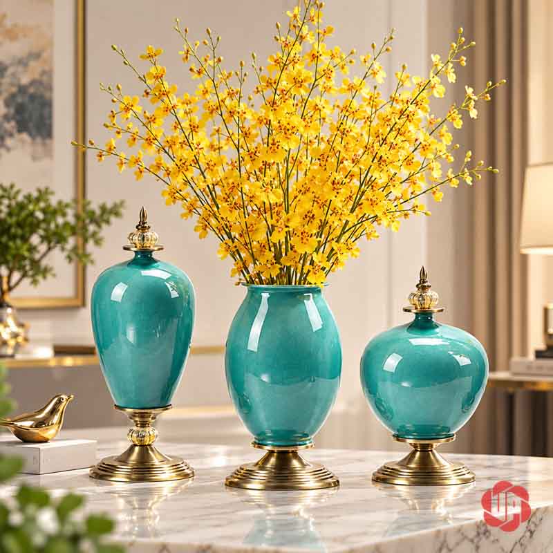 Bộ Lọ Hoa Tân Cổ Điển Xanh Ngọc Men Rạn Cao Cấp UP054A Bộ bình hoa sứ xanh ngọc nắp vàng với bình lớn cắm cành hoa vàng