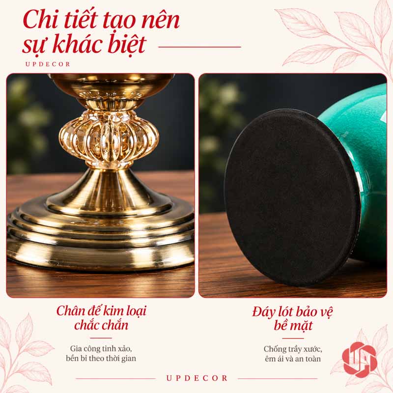 Bộ Bình Hoa Tân Cổ Điển Xanh Ngọc Chân Đế Ánh Kim UP054 Bộ bình hoa tân cổ điển xanh ngọc UP054 – chi tiet chan de kim loai