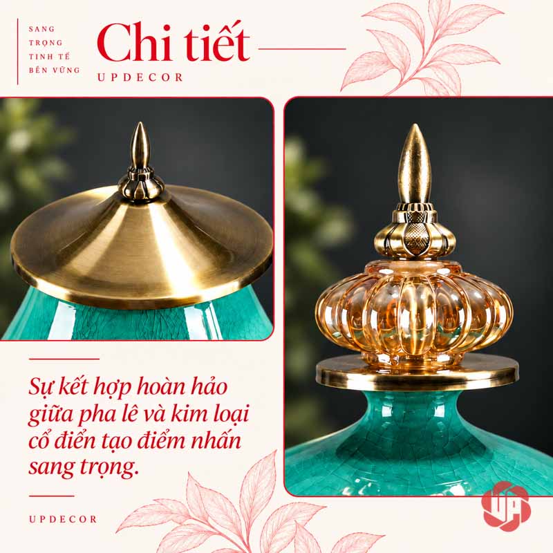 Bộ Bình Hoa Tân Cổ Điển Xanh Ngọc Chân Đế Ánh Kim UP054 Bộ bình hoa tân cổ điển xanh ngọc UP054 – chi tiet nap binh