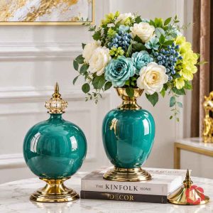 Bộ bình hoa tân cổ điển xanh ngọc UP054 – hai binh xanh ngoc cam hoa