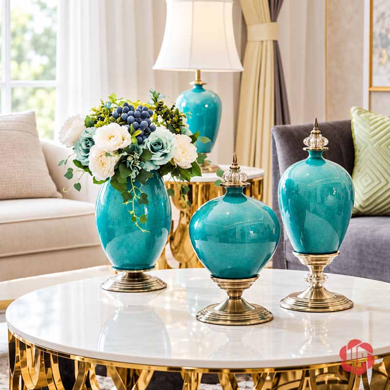 Bộ Lọ Hoa Tân Cổ Điển Xanh Ngọc Men Rạn Cao Cấp UP054A Bộ ba bình hoa sứ xanh ngọc nắp và chân đế vàng trưng bày trên bàn trà phòng khách