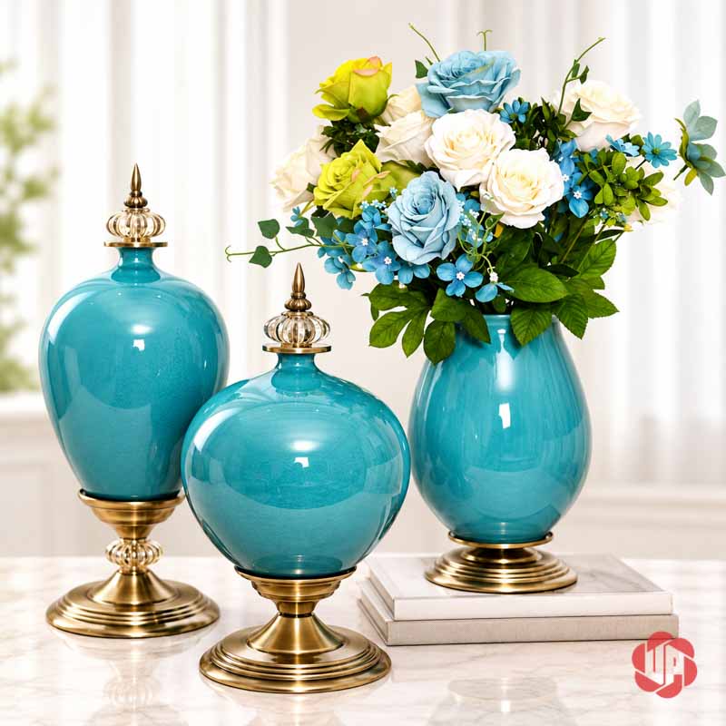 Bộ Lọ Hoa Tân Cổ Điển Xanh Ngọc Men Rạn Cao Cấp UP054A Ba bình hoa xanh ngọc chân đế vàng với một bình cắm hoa trắng xanh