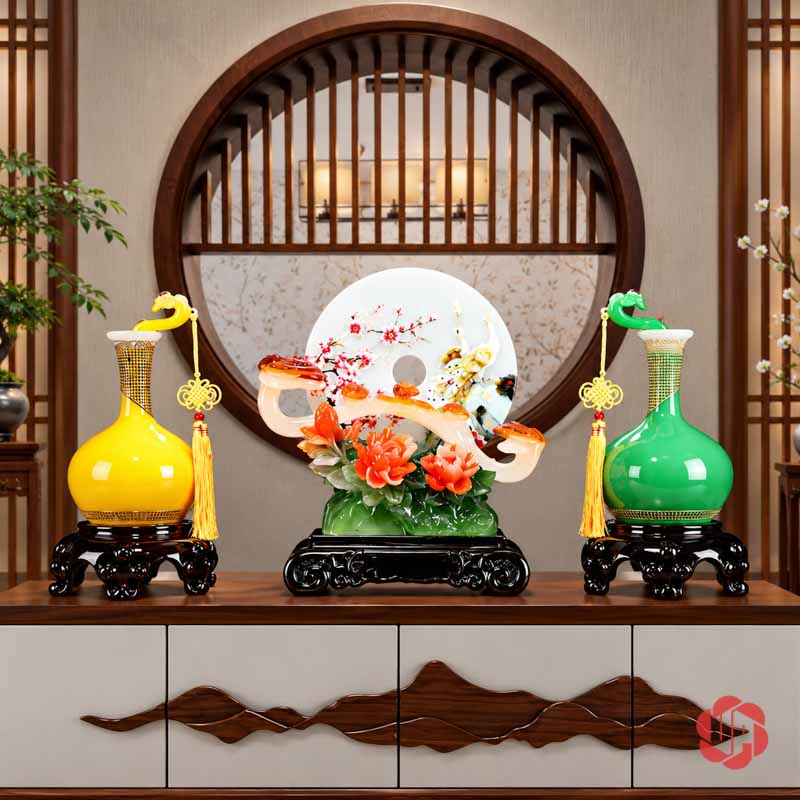 Cặp Bình Hút Lộc Phong Thủy Vàng Xanh Như Ý UP004 Bộ cặp bình hút lộc màu vàng xanh và đĩa hoa mẫu đơn trên tủ gỗ