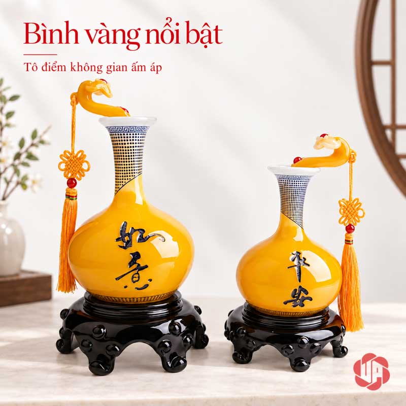 Cặp Bình Hút Lộc Phong Thủy Vàng Xanh Như Ý UP004 Cặp bình hút lộc màu vàng nổi bật đặt cạnh nhau