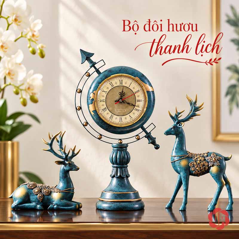 Bộ Đồng Hồ Để Bàn Địa Cầu Và Đôi Hươu Xanh UPHB17 Đồng hồ địa cầu cùng hươu đứng và hươu nằm có hoa văn ánh vàng