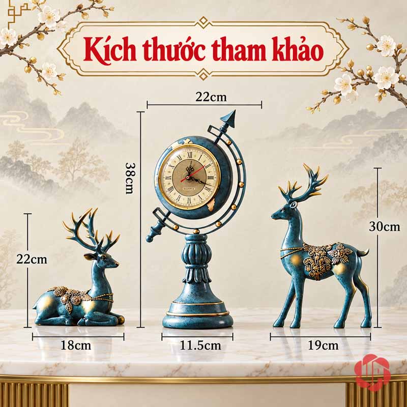 Bộ Đồng Hồ Để Bàn Địa Cầu Và Đôi Hươu Xanh UPHB17 Sơ đồ đồng hồ cao 38 cm, hươu đứng cao 30 cm, hươu nằm cao 22 cm