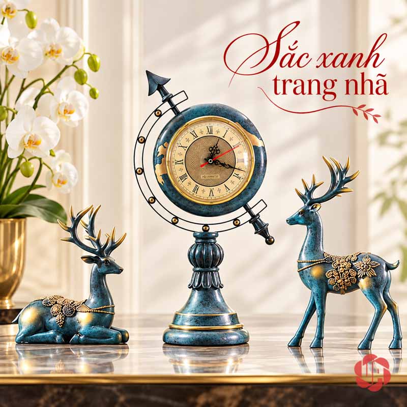 Bộ Đồng Hồ Để Bàn Địa Cầu Và Đôi Hươu Xanh UPHB17 Bộ đồng hồ địa cầu và đôi hươu xanh cạnh hoa trong phòng sáng