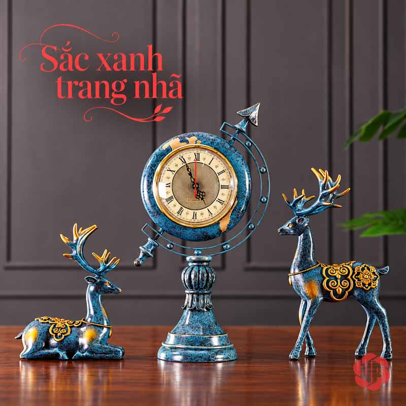 Bộ Đồng Hồ Để Bàn Địa Cầu Và Đôi Hươu Xanh UPHB17 Bộ đồng hồ địa cầu cùng đôi hươu xanh trước tường tối